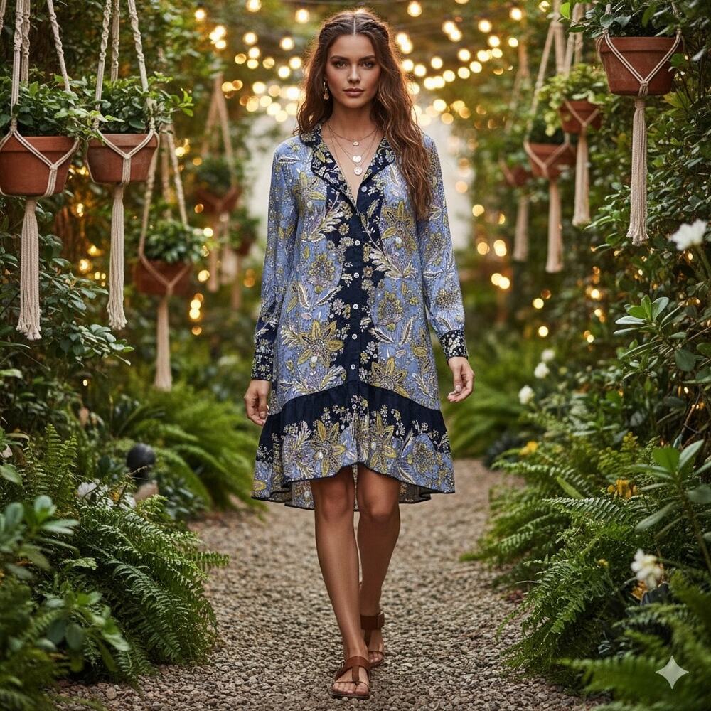 Anthropologie Floral Long Sleeve Dress in Blue and Yellow